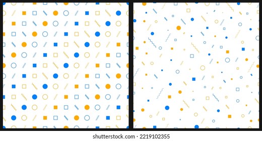 Vector abstract seamless pattern. Geometric shapes circles, squares, zigzags on an isolated white background.