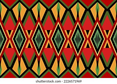 Vector - Abstract seamless pattern of geometric ethnic pattern. Red, green, black and orange color. Can be use for print, fabric, paper, silk satin, dress, clothing.