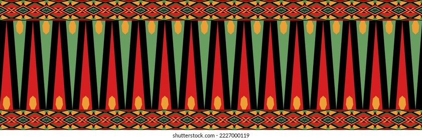 Vector - Abstract seamless pattern of geometric ethnic pattern. Red, green, black and orange color. Can be use for print, fabric, paper, silk satin, dress, clothing.