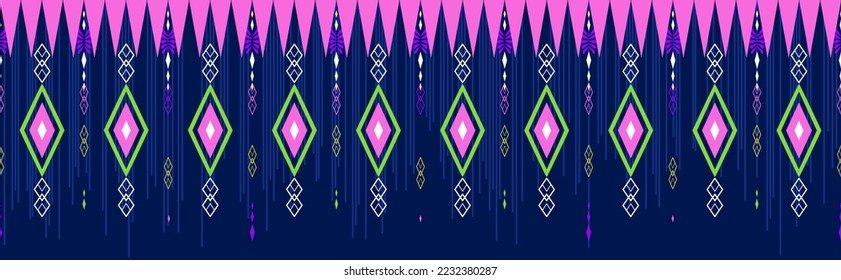 Vector - Abstract seamless pattern of geometric ethnic pattern. Pink, green, purple, yellow, white on dark blue background. Can be use for print, fabric, paper, silk satin, cotton, clothing.