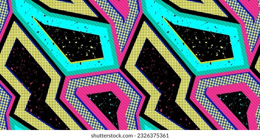 Vector abstract seamless pattern with geometric shapes, colorful elements. Retro vintage art print. 1980s - 1990s fashion. Sport style design. Grunge urban texture. Trendy graffiti print background