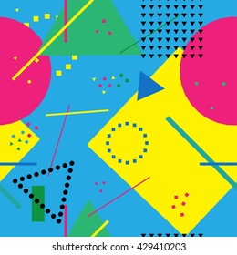 Vector abstract seamless pattern with geometric shapes. Retro memphis hipster style, fashion 80-90s.