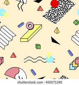 Vector abstract seamless pattern with geometric 3d shapes. Retro memphis hipster style, fashion 80-90s. You can use like education, science or children background and also for you other design.