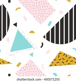 Vector abstract seamless pattern with geometric shapes. Retro memphis style, fashion 80-90s.