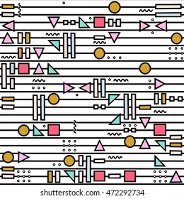 Vector abstract seamless pattern with geometric shapes on the striped background. Memphis style.
