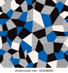 Vector abstract seamless pattern with geometric shapes in modern style.White, blue and black colors. Background for brochure, print, design, card, web, magazines, wallpapers.