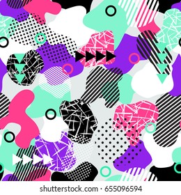 Vector abstract seamless pattern with geometric shapes in modern style. Neon colors. Background for brochure, print, design, card, web, magazines, wallpapers..