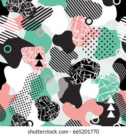 Vector abstract seamless pattern with geometric shapes in modern style.White, blue pink and black colors. Background for brochure, print, design, card, web, magazines, wallpapers.