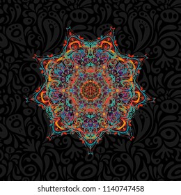 Vector abstract seamless pattern with geometrical elements. Fan shaped Christmas motley sketch. Brown, blue and red stylized ornament. New Year 2018 holiday decoration.