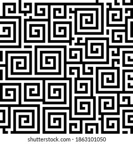 Vector abstract seamless pattern. Geometrical square spiral graphic repeating pattern. Can be used for textile, wallpaper, wrapping, backgrounds and prints. Maze monochrome background