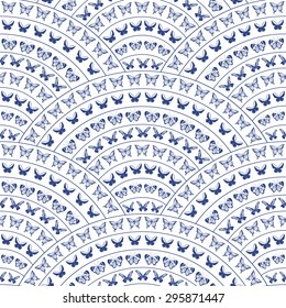 Vector abstract seamless pattern with geometrical layout. Dark small blue  butterflies on white background