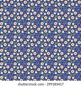 Vector abstract seamless pattern with geometrical layout. Small flowers on dark blue background