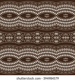 Vector abstract seamless pattern with geometrical layout. Delicate small flowers coffee beans,  and cup on white background