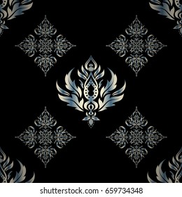 Vector abstract seamless pattern with geometrical elements. Fan shaped Christmas motley. New Year 2018 holiday decoration. Blue stylized ornament on a black background.