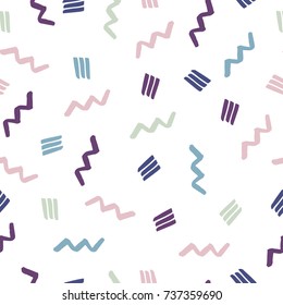 Vector Abstract seamless pattern for girls, boys, clothes. Creative background with dots, geometric figures,stripes inscriptions. Funny wallpaper for textile and fabric.Fashion style. Colorful bright.