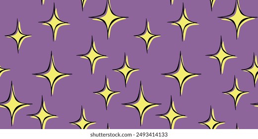 Vector abstract seamless pattern with glitter, sparks. Childish texture with shine in doodle style. Stars shining, sparkling, glowing, twinkling. Backdrop texture, Wrapping design for girls, kids