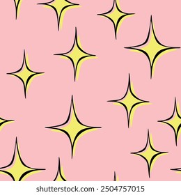 Vector abstract seamless pattern with glitter, sparks. Childish texture with shine in doodle style. Stars shining, sparkling, glowing, twinkling. Backdrop texture, Wrapping design for girls, kids