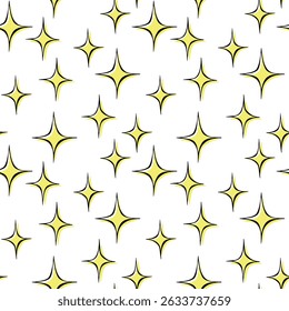 Vetor abstrato padrão sem emenda com brilho, faíscas. Textura infantil com brilho no estilo doodle. Estrelas brilhando, cintilantes, brilhando, cintilando. Textura de pano de fundo, design de embrulho para meninas, crianças