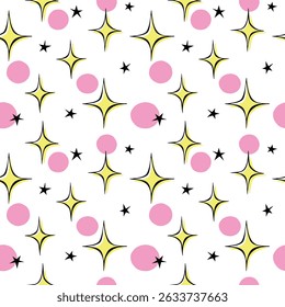 Vetor abstrato padrão sem emenda com brilho, faíscas. Textura infantil com brilho no estilo doodle. Estrelas brilhando, cintilantes, brilhando, cintilando. Textura de pano de fundo, design de embrulho para meninas, crianças