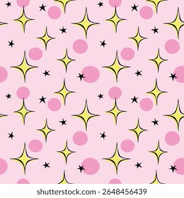 Vetor abstrato padrão sem emenda com brilho, faíscas. Textura infantil com brilho no estilo doodle. Estrelas brilhando, cintilantes, brilhando, cintilando. Textura de pano de fundo, design de embrulho para meninas, crianças