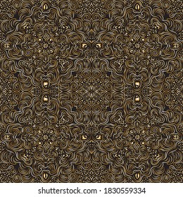 Vector abstract seamless pattern from gold curly stripes, brush strokes, flowers and shevron on a black background. Ikat print, geometrical textile design, wallpaper, wrapping paper, carpet