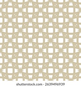 Vector abstract seamless pattern. Gold and white floral geometric grid texture. Elegant golden background with flowers, stars, intersecting lines, mesh, net, lattice. Repeating ornamental geo design