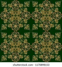 Vector abstract seamless pattern with golden geometrical elements. Fan shaped Christmas gold. Golden stylized stars on a green background. New Year 2018 holiday decoration.