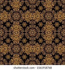 Vector abstract seamless pattern with golden geometrical elements. New Year 2019 holiday decoration. Golden stylized stars on a background. Fan shaped Christmas gold.
