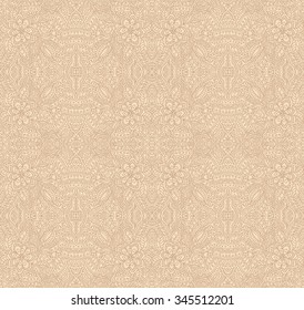 Vector abstract seamless pattern from golden brown and light beige hand drawn outline geometrical ornaments, stripes and fantasy stylized dahlia flower.Bohemian monochrome textile print,wrapping paper
