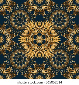 Vector abstract seamless pattern with golden geometrical elements. New Year 2018 holiday decoration. Golden stylized stars on a blue background. Fan shaped Christmas gold.
