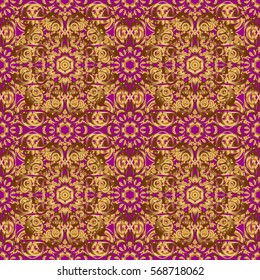 Vector abstract seamless pattern with golden geometrical elements. Golden stylized stars on a purple background. Fan shaped Christmas gold. New Year 2018 holiday decoration.