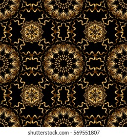 Vector abstract seamless pattern with golden geometrical elements. New Year 2018 holiday decoration. Golden stylized stars on a black background. Fan shaped Christmas gold.