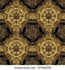 Vector abstract seamless pattern with golden geometrical elements. Fan shaped Christmas gold. New Year 2018 holiday decoration. Golden stylized stars on a black background.