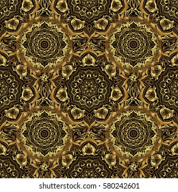 Vector abstract seamless pattern with golden geometrical elements. New Year 2018 holiday decoration. Golden stylized stars on a black background. Fan shaped Christmas gold.