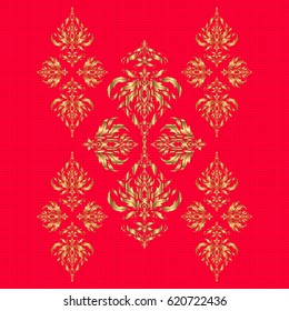 Vector abstract seamless pattern with golden geometrical elements. New Year 2018 holiday decoration. Golden stylized stars on a red background. Fan shaped Christmas gold.
