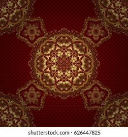 Vector abstract seamless pattern with golden geometrical elements. Golden stylized stars on a red background. Fan shaped Christmas gold. New Year 2018 holiday decoration.