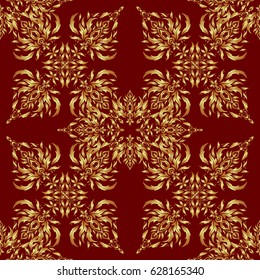Vector abstract seamless pattern with golden geometrical elements. Golden stylized stars on a red background. Fan shaped Christmas gold. New Year 2018 holiday decoration.
