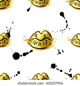 Vector abstract seamless pattern with golden lips. Gold. Kiss. Trendy background for your design fabric, wallpaper, t-shirts.