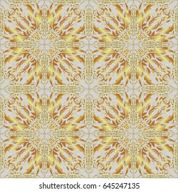Vector abstract seamless pattern with golden geometrical elements. New Year 2018 holiday decoration. Golden stylized stars on a gray background. Fan shaped Christmas gold.