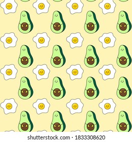 Vector abstract seamless pattern with green avocado fruit character and fried egg on light background