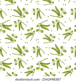 Vector abstract seamless pattern of green pea pods and peas on white background. Organic product, farm harvest, healthy vegetarian food, green vegetable. For kitchen textile, gift paper. Food.