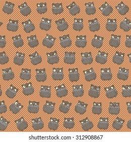 Vector abstract seamless pattern from grey little owl silhouette with decorative ornaments and big yellow eyes on a dark ginger dotted background. Halloween party decoration.