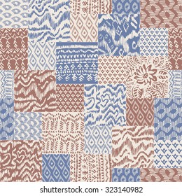 Vector abstract seamless pattern from grey blue, red terracotta and light beige hand drawn ornaments, wavy stripes and fantasy leaves with flower. Textile patchwork vintage print 