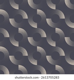 Vector abstract seamless pattern with halftone split circles and stipple gradient texture. Bold geometric design with repeat symmetry. Retro styled 50s 60s wallpaper or fashion textile background