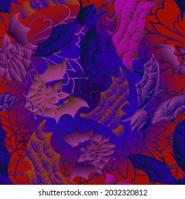 Vector abstract seamless pattern of Halloween silhouettes of bats in dark tones. The design is perfect for decorations, textiles, costumes, backgrounds, wrapping paper