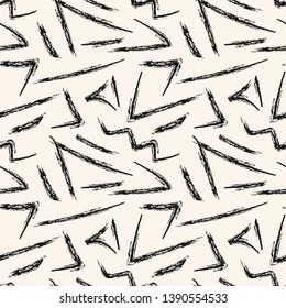 Vector abstract seamless pattern with hand drawn brush strokes, chaotic lines, arrows. Black and white handdrawn ink texture. Graffiti style background. Monochrome repeated design for decor, prints