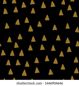 Vector abstract seamless pattern. Hand drawn simple gold triangles isolated on black background. Design decorative repeat tile for textile, backdrop, wrapping paper, decor, wallpaper, banner, poster.