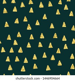 Vector abstract seamless pattern. Hand drawn glow pailette gold triangles isolated on green background. Design decorative repeat tile for textile, texture, wrapping paper, decor, banner, poster.