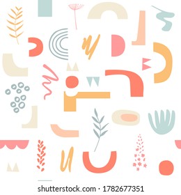 Vector abstract seamless pattern with hand drawn cut out colorful shapes and objects. Modern trendy illustration . Geometric background in pastel colors with simple abstractions.