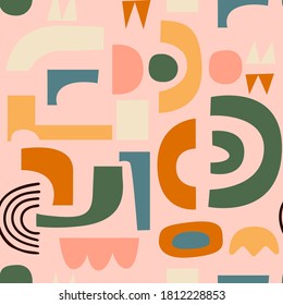 Vector abstract seamless pattern with hand drawn cut out colorful shapes and objects. Modern trendy illustration . Geometric background in pastel colors with simple abstractions.